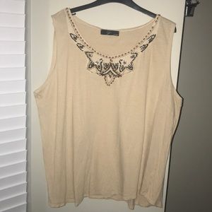 Beaded neckline beige sleeveless blouse